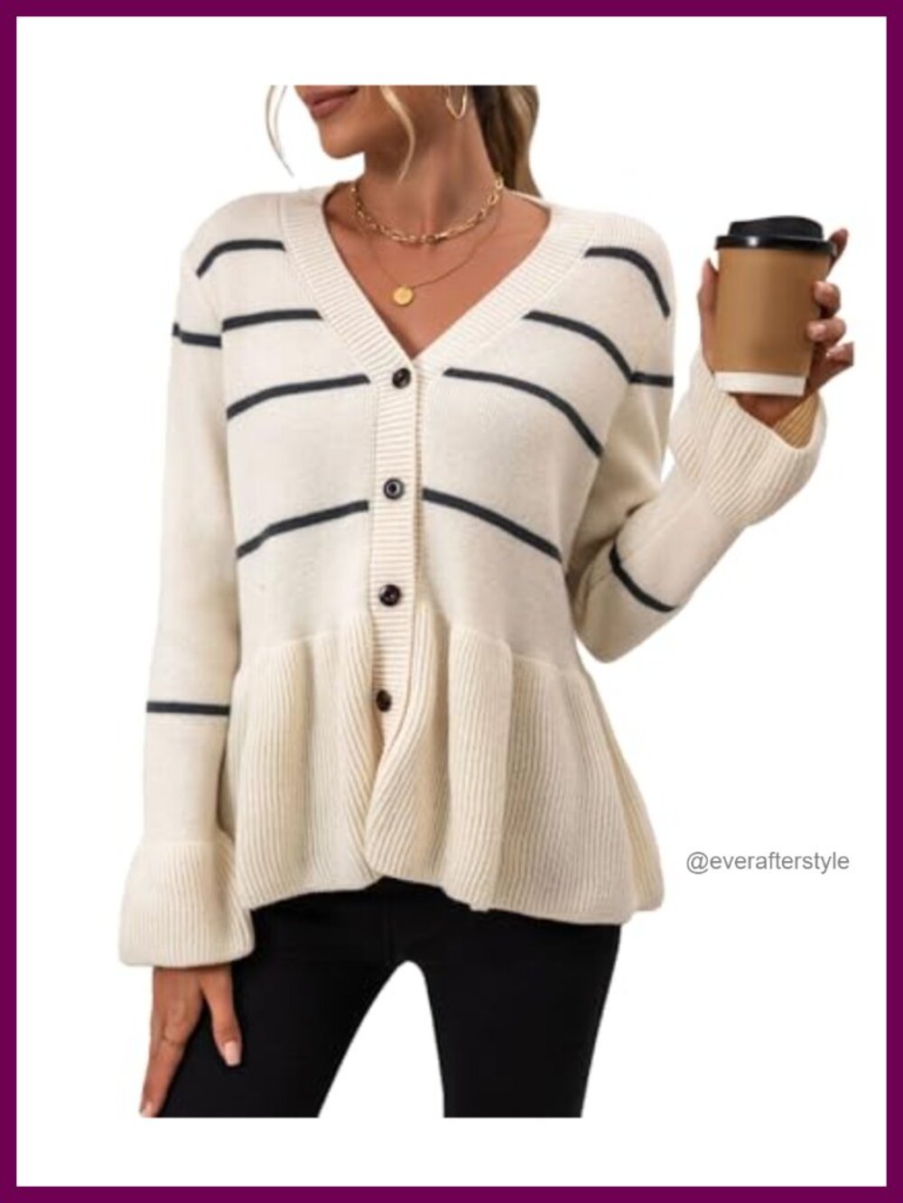 Women's Striped Button Down Peplum Cardigan V Neck Long Sleeve Knit Sweater